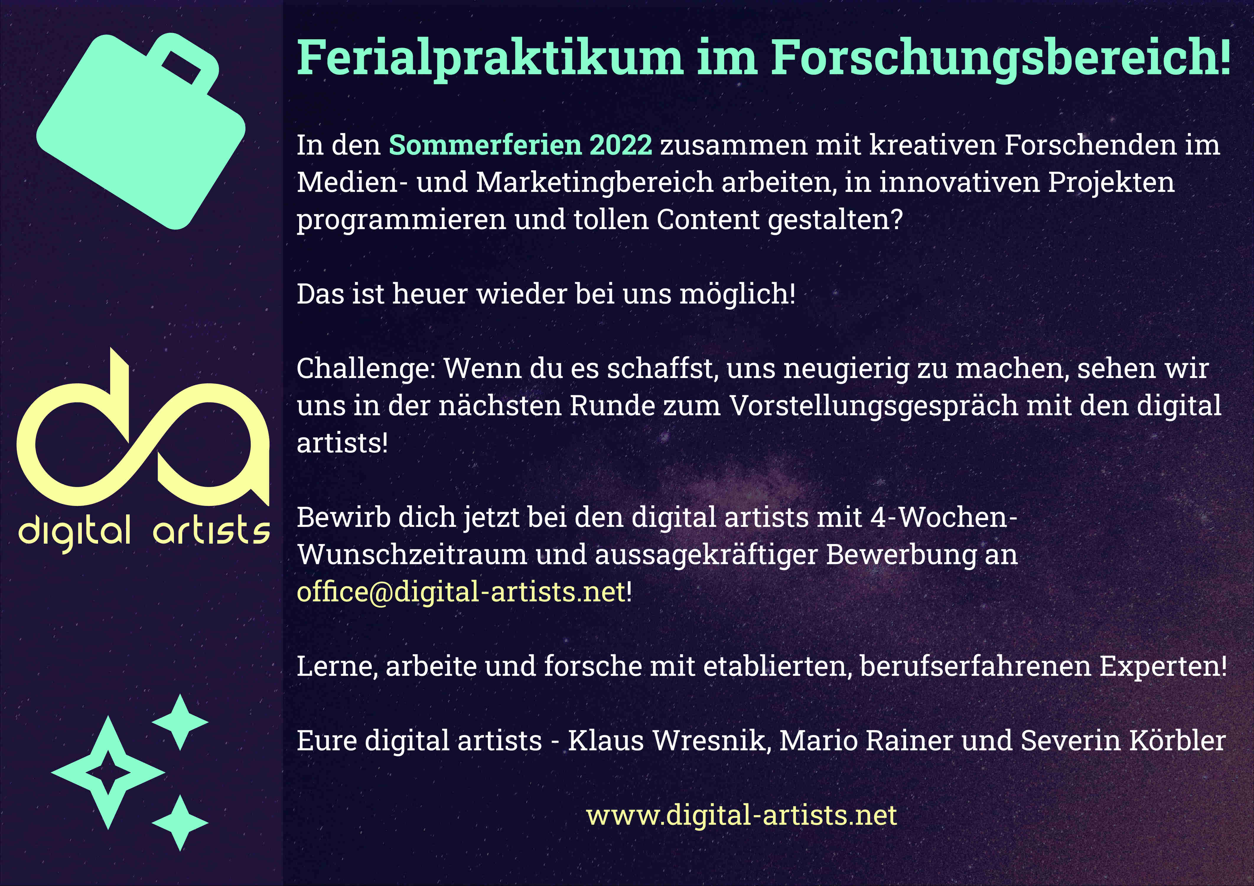 vivafy / digital artists Ausschreibung Forschungspraktika 2022